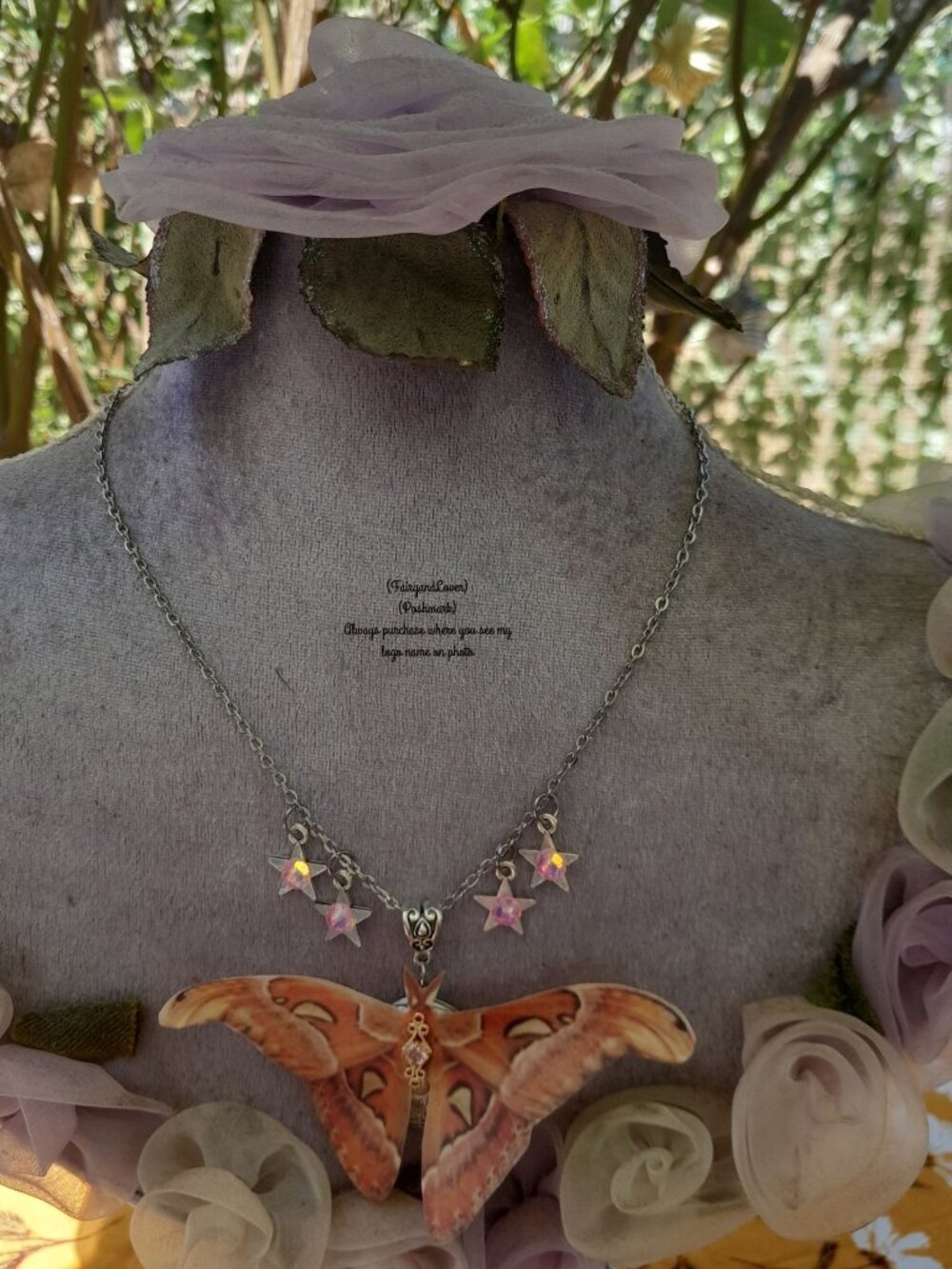 Atlas moth butterfly silk organza keepsake locket photo frame pendant necklace
